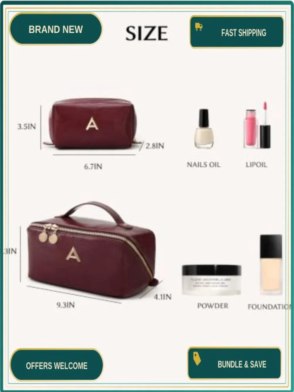 Personalized Initial Makeup Bag with Gift Box and Card - TPU Brush Organizer,
